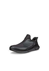 Pantof negri tip slip-on, având un superior din piele netedă, vârf rotund, design minimalist și talpă din cauciuc texturat pentru aderență.