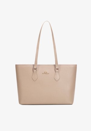 Borsa tote in pelle beige con due manici lunghi e piccolo logo dorato "WITTCHEN" centrato sul davanti.