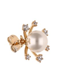 Perlenohrringe in goldfarbener Ausführung, mit einem großen runden Perlenzentrum. Akzentuiert mit fünf kleinen runden klaren Steinen und einem floralen Design.