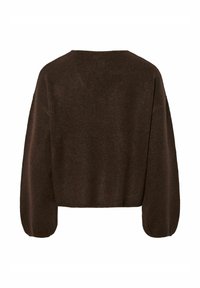 Brūns īsais džemperis, izgatavots no mīksta auduma, ar kastes siluetu, platiem piedurknēm un ribinātu apkakli, ar teksturētu apdari.