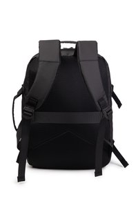 Black backpack featuring a padded mesh back, adjustable straps, and smooth synthetic material with a geometric accent at the base.