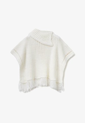 Weißer gestrickter Poncho mit gerippter Textur, der einen Kragen und einen fransigen Saum hat. Kurze Ärmel; gemütliche, übergroße Passform.