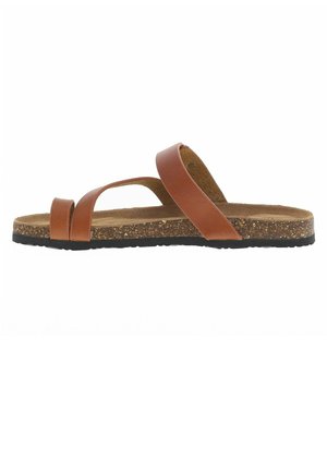 Sandale glissante en cuir marron avec deux sangles, semelle en liège et semelle en caoutchouc texturé. Le design privilégie le confort et le style décontracté.