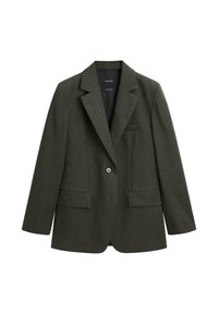 Donkergroene blazer van textuurstof, met geknipte revers, een enkele knoop en twee voorkleding.
