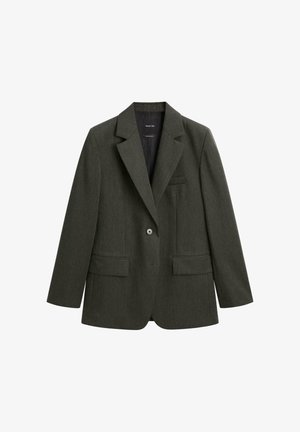 Blazer verde scuro realizzato in tessuto testurizzato, con rever a taglio, un bottone singolo e due tasche frontali.