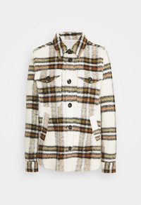 Fleece skjortejakke i creme med brune, orange og gråternet mønster. Har to forlommer og knaplukninger. Blød tekstur.