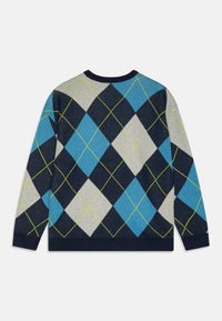 Maglione con motivo a diamante in blu, grigio e nero, con accenti verde neon, realizzato in un tessuto a maglia testurizzato. Collo rotondo, maniche lunghe.