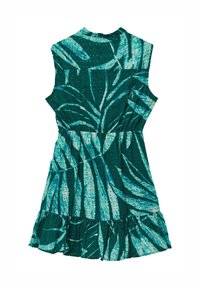 Vestito verde senza maniche con un motivo a foglia, tessuto texturizzato e orlo arricciato. Presenta un colletto rotondo e una vita aderente.