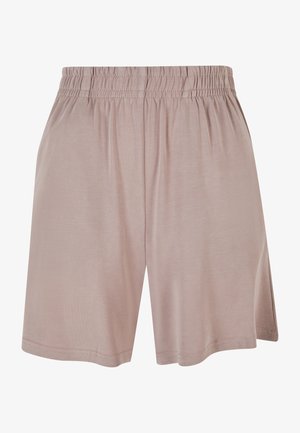 Helle pinke, knielange Shorts aus weichem Stoff, mit einem elastischen Bund und seitlichen Schlitzen für verbesserte Beweglichkeit. Glatte Textur.