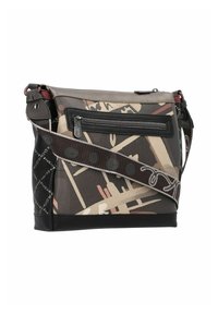 Mehrfarbige Ledertasche mit grafischem Design, ausgestattet mit einer Reißverschlussvorderseite, einem verstellbaren Riemen und einer kontrastierenden schwarzen Basis.