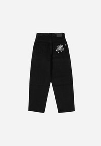 Black denim pants with a relaxed fit, featuring a spider web graphic embroidered on the right back pocket. Standard pockets and belt loops.