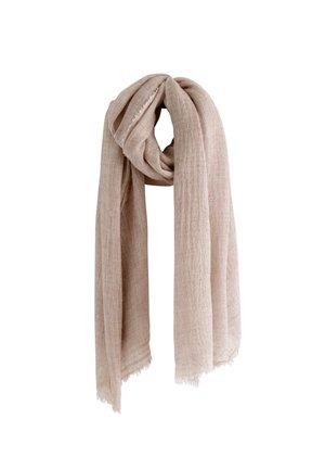 Lichtbeige linnen sjaal met een losse, gekreukelde structuur, hangend gepresenteerd met franjes aan de uiteinden en een eenvoudige, casual valling.