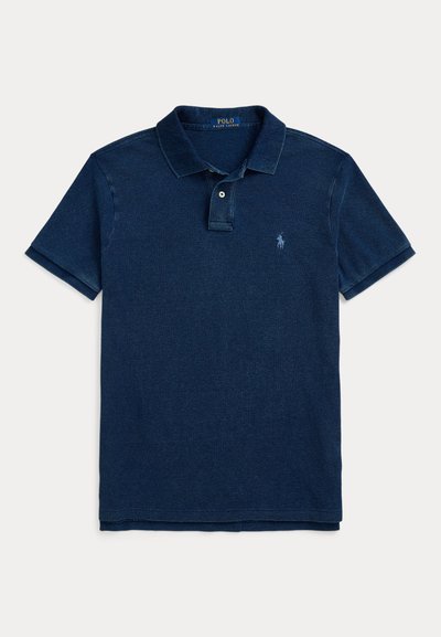 Navy blue short-sleeve Polo Ralph Lauren shirt with collar, two-button placket, and small embroidered horse logo on left chest.