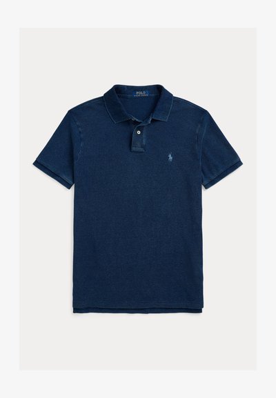 Navy blue short-sleeve Polo Ralph Lauren shirt with collar, two-button placket, and small embroidered horse logo on left chest.
