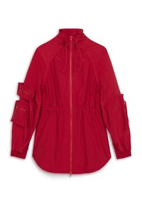 Rode windbreaker jas met hoge kraag, rits aan de voorkant, aangesnoerde taille en meerdere ritszakken op de mouwen. Glad, lichtgewicht stof.