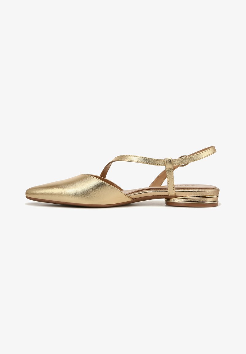 Gold metallic slingback flat shoe with a pointed toe, dual strap design, and a small, flat heel. Smooth texture with a shiny finish.