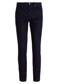 Mörkblå denimjeans med smal passform, femficksdesign och metallknappdetaljer. Slät textur och raka ben.