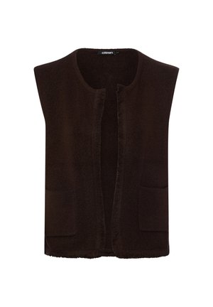 Gilet in maglia marrone scuro senza maniche con apertura frontale, due tasche davanti e scollatura rotonda.