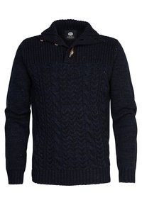 Pulover tricotat navy cu un model din cabluri, guler înalt și accente din trestie de lemn. Dispune de manșete și tiv ribbate. Material texturat, cald.