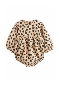 Persikofärgad baby romper med svarta leopardfläckar, långa puffärmar, rynkad midja och tryckknappar i botten. Mjuk tygkänsla.