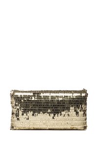 Clutch in paillettes dorées di forma rettangolare, con una superficie liscia e un motivo sfumato dal dorato scuro al dorato chiaro.