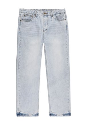 Jasnoniebieskie dżinsy o prostym kroju, z zapięciem na guzik z przodu, pięcioma kieszeniami i lekko strzępionymi końcówkami.