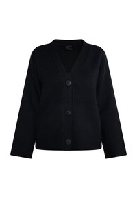 Schwarze, langärmelige Strickjacke aus weichem Material mit V-Ausschnitt, fünf Knöpfen auf der Vorderseite und einem lockeren Schnitt.