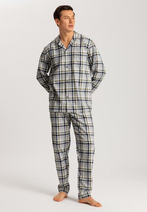 Men's plaid pajamas in cotton, featuring a button-up shirt with a chest pocket and matching pants. Colors include blue, green, and gray.
