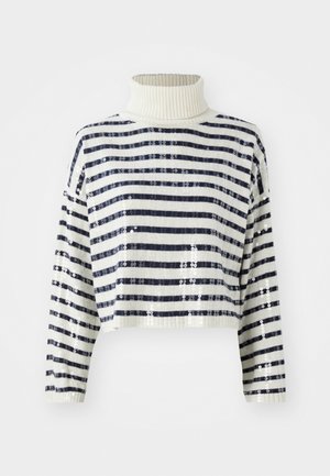 Maglione accorciato con colletto alto, caratterizzato da righe orizzontali blu navy e bianche e una finitura in paillettes per texture e brillantezza.