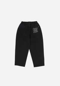 Black denim pants with a relaxed fit, featuring a stretchy waistband and a decorative logo stitched on the back pocket.