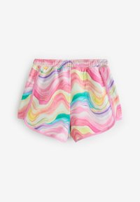 Leichte, mehrfarbige Shorts mit einem Wellenmuster in Pink, Gelb, Grün und Lila. Elastischer Bund mit glatter Textur.