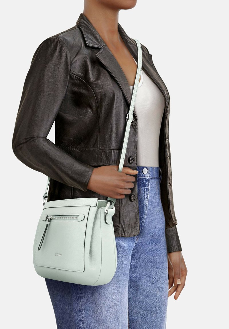 Borsa a tracolla in pelle verde menta chiaro con spallaccio regolabile, tasca frontale con zip e texture liscia, indossata con una giacca di pelle marrone e jeans blu.