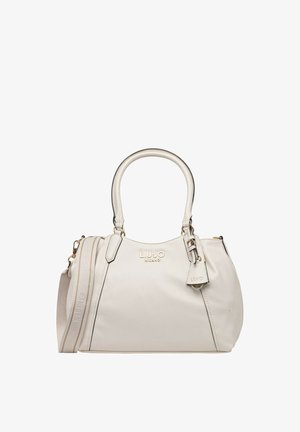 Borsa a mano in pelle color crema con due manici, tracolla brandizzata rimovibile e logo dorato "Liu Jo Milano" sul davanti.