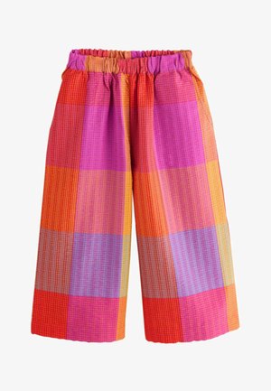 Pantaloni cu picioare largi și talie elastică, cu un model mare colorat în carouri în nuanțe de roșu, roz, portocaliu, mov și galben.