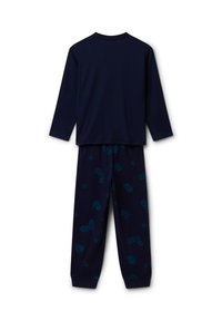 Top de manga larga en azul marino con pantalones de pijama a juego que presentan un patrón juguetón de bicicletas en color aguamarina y detalles. Material de algodón suave.