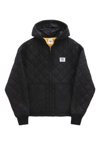 Svart quiltad zip-up huva jacka med framfickor och Vans-logotyp på bröstet, med gul inredning.