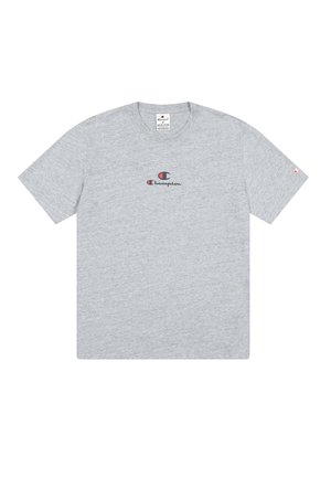 Gray cotton t-shirt with short sleeves, crew neck, and a small red and blue "Champion" logo on the chest. Smooth texture.