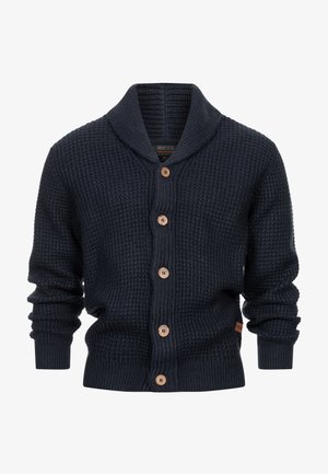 Marine gebreide cardigan met een sjaalkraag, houten knopen en geribbelde manchetten. Gestructureerde stof met een warme, gezellige uitstraling.