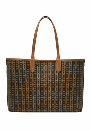 Sac fourre-tout marron à motif avec des poignées en cuir, présentant un design de chaîne géométrique sur un fond sombre. Forme rectangulaire robuste.