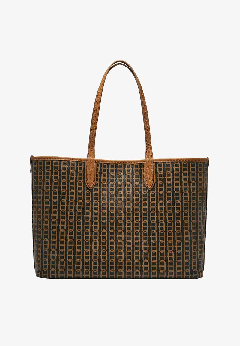 Sac fourre-tout marron à motif avec des poignées en cuir, présentant un design de chaîne géométrique sur un fond sombre. Forme rectangulaire robuste.