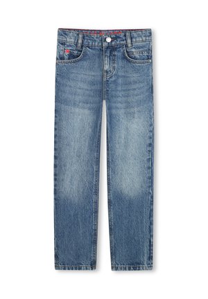 Svetlo modri jeans s ravnim krojem, petimi žepi in pasom s pisanjem v rdeči in modri barvi. Zblazeni dizajn z vidnimi šivi.