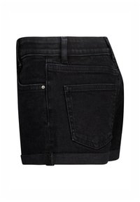 Black denim shorts with a folded hem, five-pocket design, and two back pockets featuring minimal stitching and a silver rivet accent.