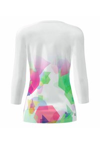 Witte lange mouw top met een levendig abstract patroon van roze, groene en blauwe vormen, gemaakt van een gladde, lichte stof.