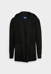 Svart stickad cardigan med huva, öppen framtill och två framfickor. Har ribbade ärmslut och nederkant, strukturerad tyg.