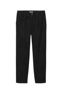 Pantalon en velours côtelé noir avec taille élastique, poches avant et fermeture à bouton. Présente des côtes verticales et une coupe droite.