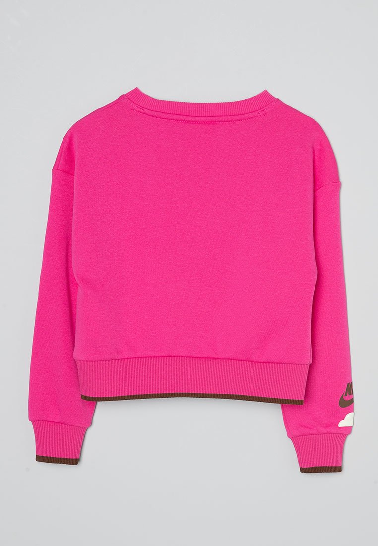 Sweatshirt en polaire de couleur rose vif avec un col arrondi côtelé et des poignets. Présente un ourlet marron et le logo Nike sur la manche gauche.