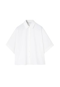 Camicia bianca a maniche corte con abbottonatura frontale, colletto classico e vestibilità ampia. Realizzata in tessuto liscio senza motivi o dettagli visibili.