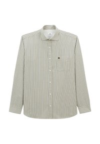 Chemise à manches longues pour homme, à rayures verticales beiges, blanches et brunes, avec une poche poitrine dotée d'un seul bouton.