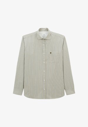 Chemise à manches longues pour homme, à rayures verticales beiges, blanches et brunes, avec une poche poitrine dotée d'un seul bouton.