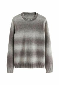 Grauer Pullover aus weichem Material mit klassischem Rundhalsausschnitt, gerippten Bündchen und Saum sowie einem Farbverlaufsmuster in helleren und dunkleren Farbtönen.